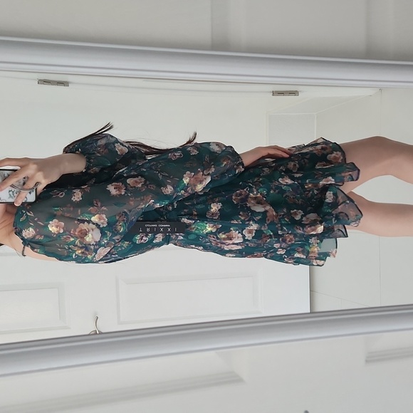 Athome - Surplice-Neck Fit & Flare Foiled Ruffle Dress, Hunter Floral, Size XS - Picture 4 of 12